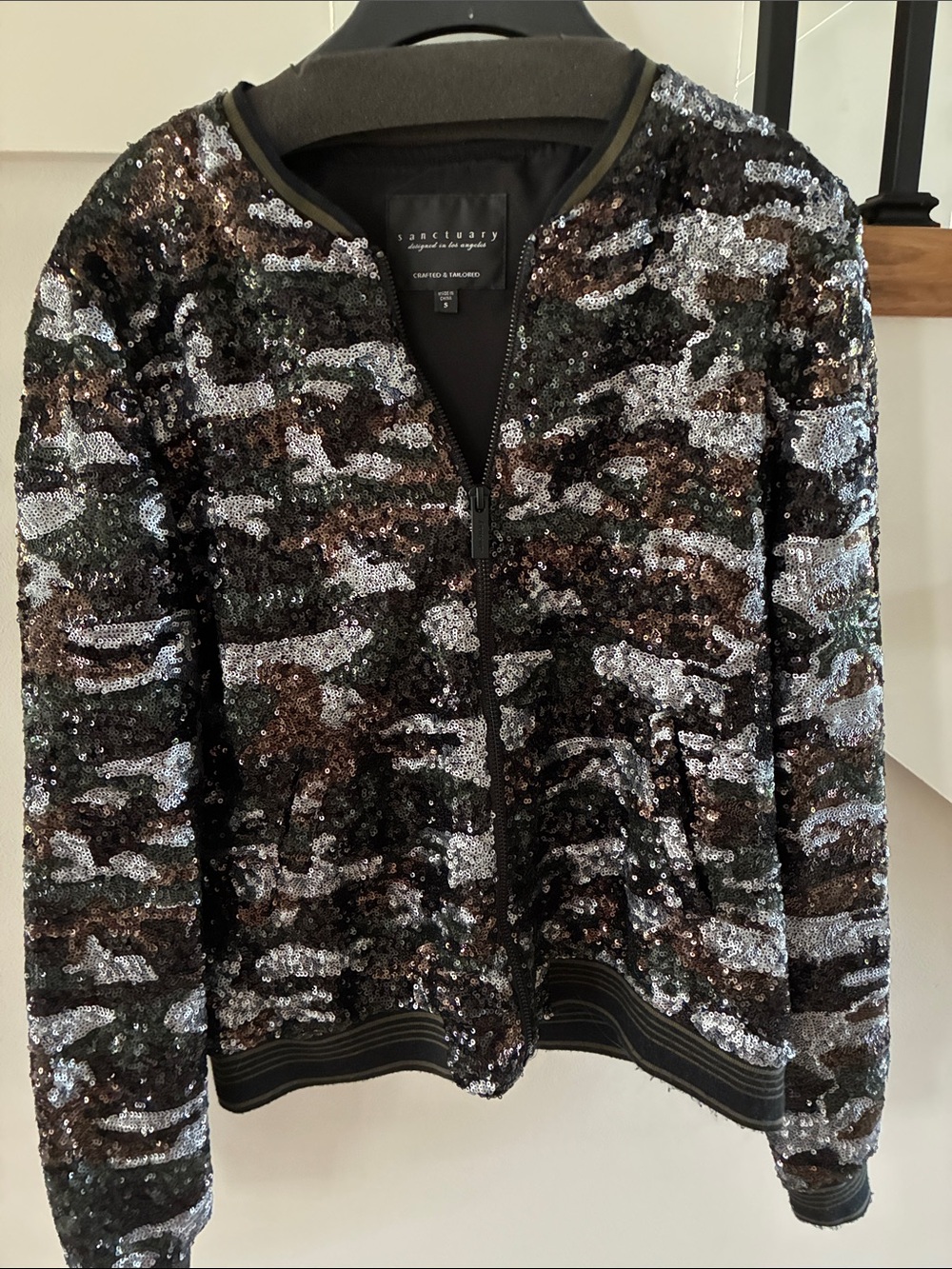 Sanctuary Sequin Camo Bomber Jacket - Black, Green, Brown, Silver